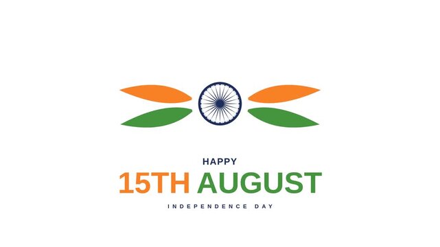 Happy 15th August Indian Independence Day greeting animates with a modern flag symbol on a white background for a patriotic holiday celebration card design