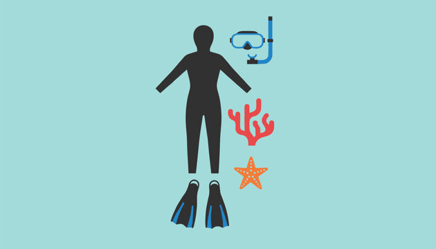 Minimalist black silhouette of a scuba diver surrounded by blue fins, a diving mask with snorkel, red coral, and an orange starfish.