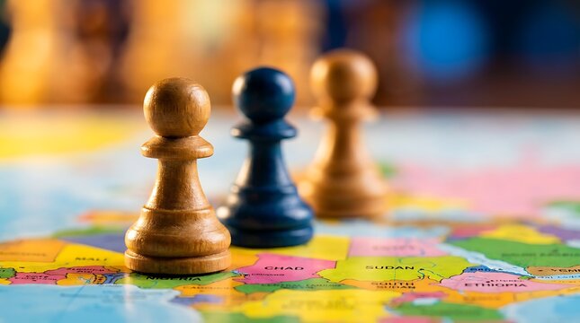 Three chess pawns standing on vintage world map representing global strategy concept geopolitical maneuvering international relations challenges and diplomacy tactics for world peace.