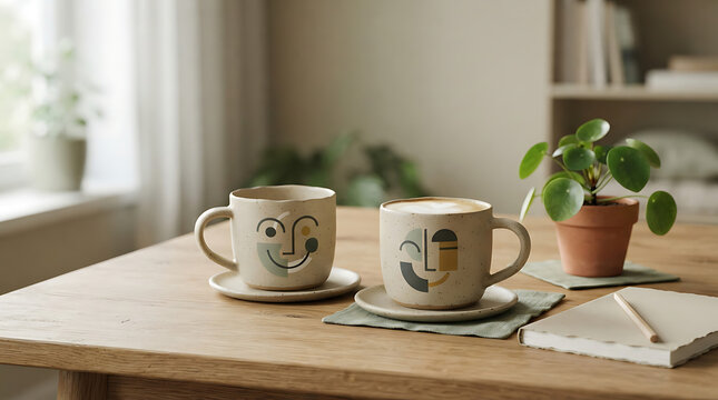 Two abstract face design ceramic mugs on sunny wooden table interior
