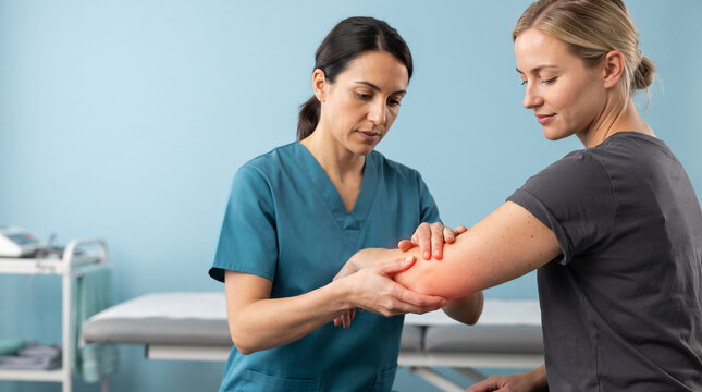 Physiotherapist in teal scrubs assessing patient elbow with focused expression. Patient in gray shirt shows calm demeanor. Soft blue background, clean clinical lighting, natural skin tones