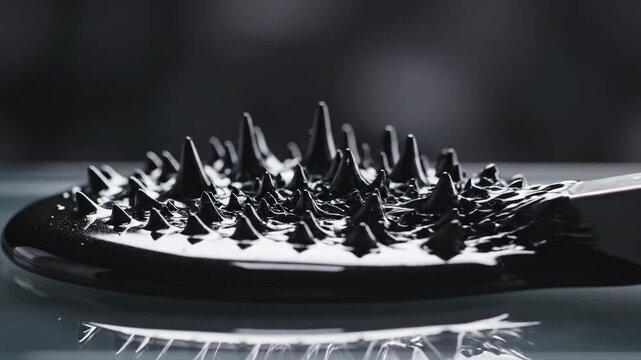 close up of ferrofluid forming spiky patterns on a surface with a magnet, abstract science and physics concept