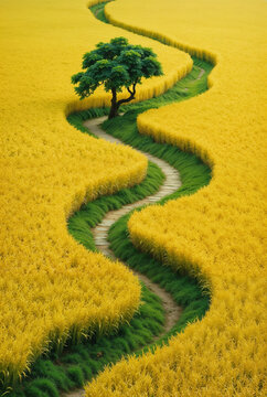 Winding Path and Lone Green Tree Through Vibrant Yellow Rice Terraces