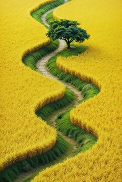 Winding Path and Lone Green Tree Through Vibrant Yellow Rice Terraces