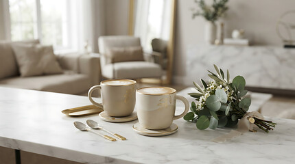 Fototapeta premium Two cozy mugs and flowers on a marble table in a bright living room