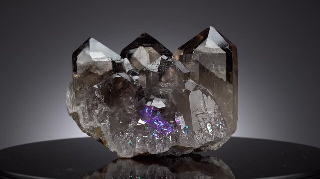Luxury macro shot of a raw smoky quartz crystal cluster with a glowing purple amethyst light reflection on a dark reflective surface
