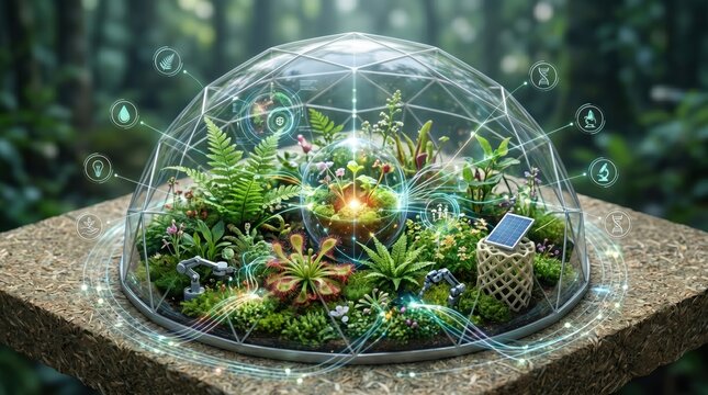 Futuristic smart terrarium with glass dome, automated gardening system, miniature ecosystem with plants and sensors, sustainable agriculture and biotechnology innovation concept.