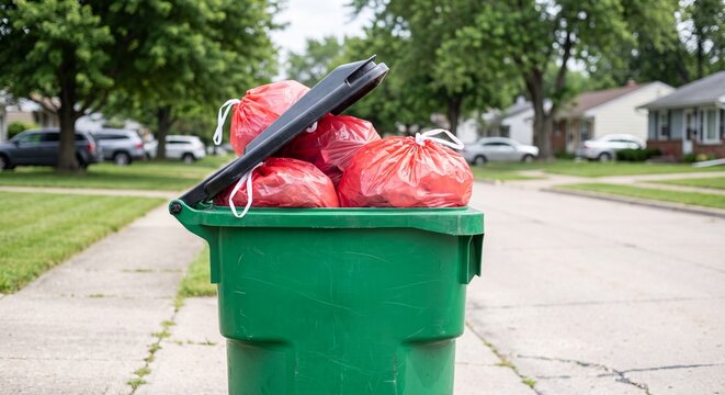 Green outdoor waste bin overflowing with red plastic garbage bags on a residential street curb with situated concrete driveway residential suburban neighborhood