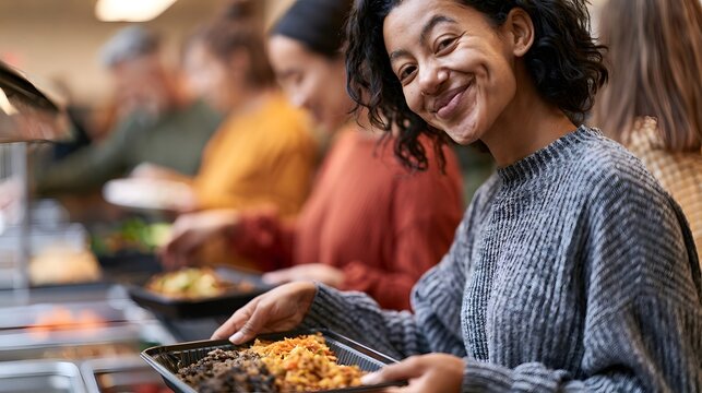 A smiling woman holds a tray of food at a buffet line while others serve themselves behind her