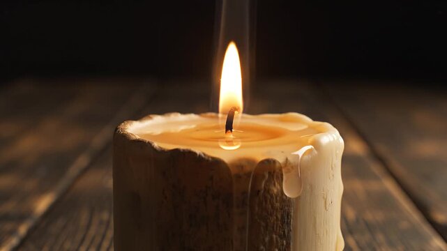 Burning candle with warm yellow flame and melting wax on rustic wooden table against dark background