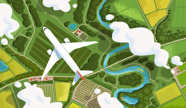 Airplane Flying Above Green Landscape Top View Flat Vector Illustration
