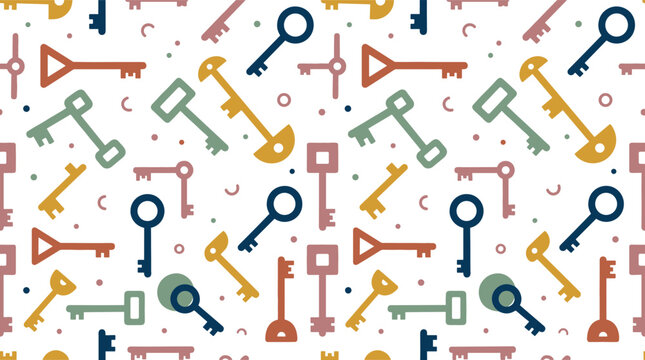 Seamless pattern vector background illustration featuring colorful flat antique keys scattered with abstract geometric shapes for textile and wallpaper design.