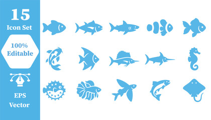 Diverse fish and aquatic marine life vector icon set with seahorse, pufferfish © Abu Sufian