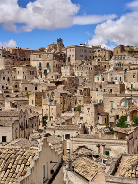Panoramic view of Matera and the Church of Purgatory, Chiesa del Purgatorio in Italian. Matera, region of Basilicata. Italy, Europe