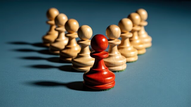 Red chess pawn standing out from wooden pawns, unique leadership concept in business strategy, individuality and competition metaphor on blue background