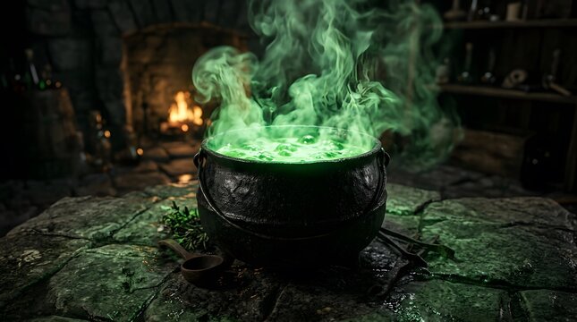 Happy halloween mystical cauldron with bubbling green potion for spooky celebrations
