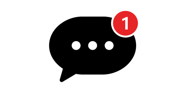 Black chat bubble icon with typing dots and red unread message notification badge isolated on transparent background