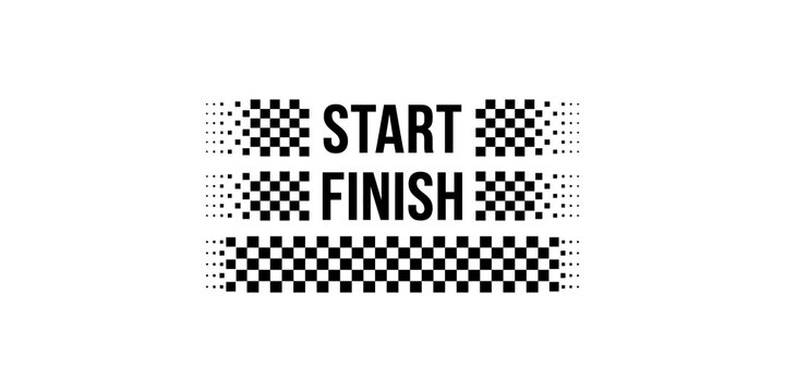 Start and finish line text with checkered racing flag pattern and halftone dots
