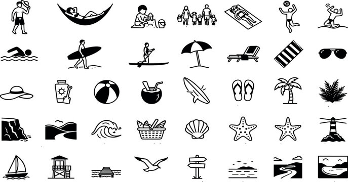Beach Activity and Summer Vacation Line Icon Set with People Surfing Swimming and Holiday ElementsBeach Activity and Summer Vacation Line Icon Set with People Surfing Swimming and Holiday Elements