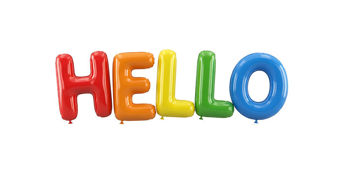 Colorful hello word made of inflatable balloon letters isolated on white background with balloons