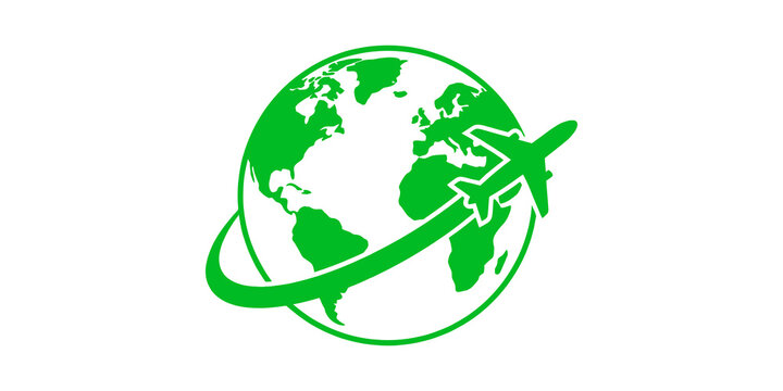 Green globe with flying airplane orbit illustration isolated on transparent background