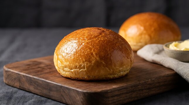 Single golden brown brioche bun on wooden board in focus served with butter in small bowl behind appetizing baked pastry with shiny crust for breakfast.