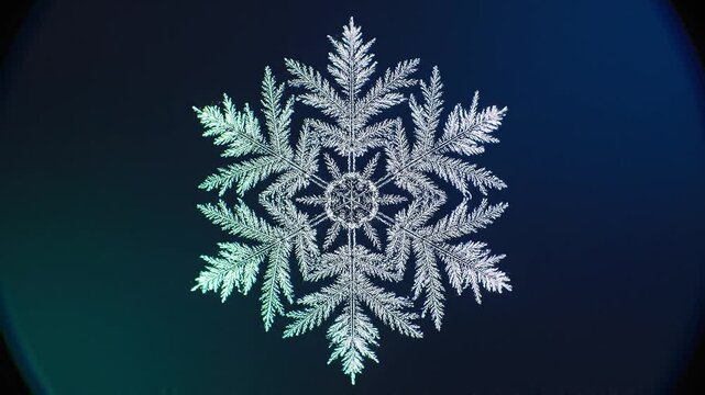 Detailed macro shot of a single translucent ice snowflake crystal with mathematically perfect geometric symmetry on a dark blue gradient background