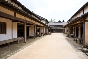 Obraz premium Realistic illustration of traditional Japanese wooden buildings and samurai residences lining a dirt pathway.