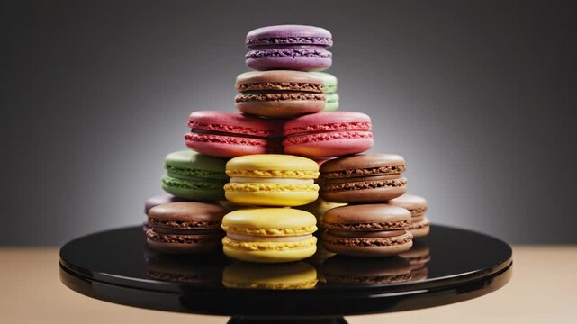 A pyramid stack of colorful macarons, assorted french desserts, sweet confectionery, elegant pastry display, isolated on dark gradient background, food photography