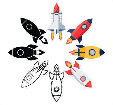 Various rocket ships in a circular arrangement with different styles and colors for space exploration themes
