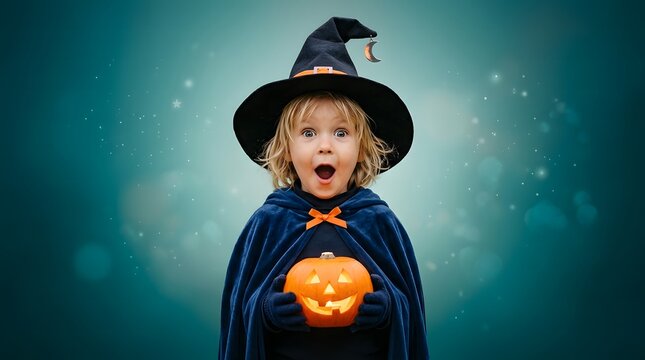 Happy halloween adorable toddler in witch costume with jack o' lantern