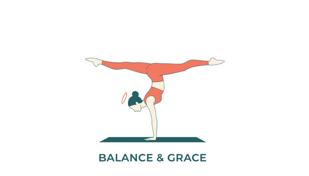 Female gymnast performing a handstand split on a yoga mat with the words balance and grace written at the bottom.