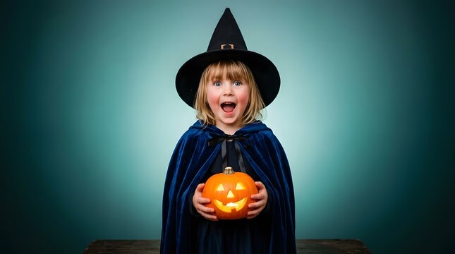 Happy halloween adorable child in witch costume with jack o' lantern