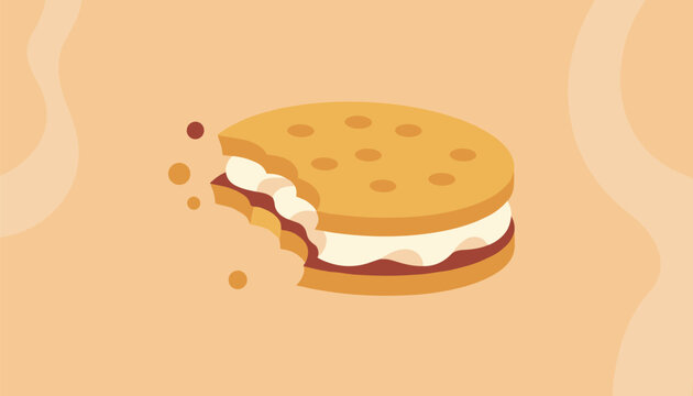 Delicious round sandwich cookie with cream and chocolate filling showing a bite mark and small crumbs around.
