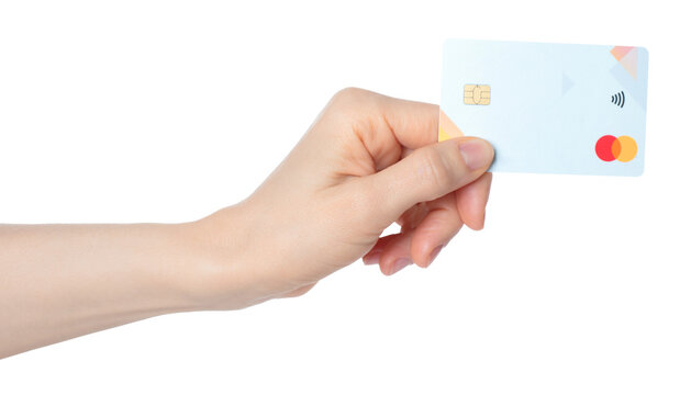 Hand holding a Mastercard bank card, isolated on transparent background. Payment card for online banking, cashless payment and finance concepts