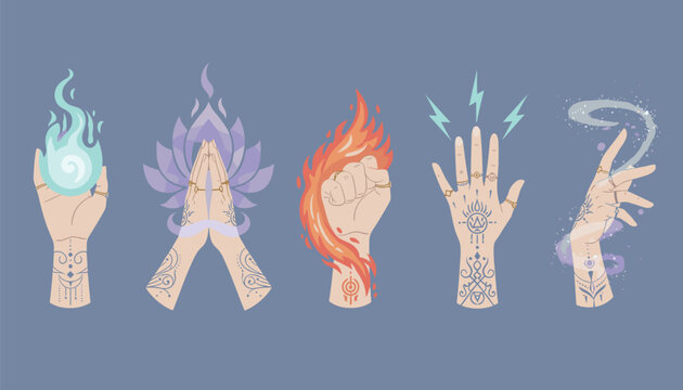 Stylized graphic illustration of five mystical hands channeling magical spells and different elemental powers.