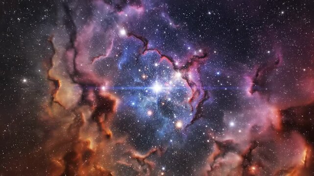 Vibrant nebula with glowing star cluster in deep space, cosmic clouds and countless stars, universe background for science and exploration