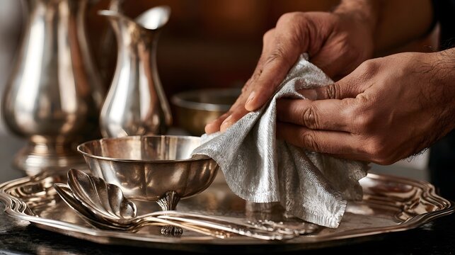A person carefully polishing silver tableware with a cloth on an ornate tray  highlighting reflective surfaces and meticulous care