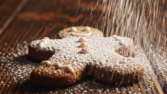 Traditional christmas gingerbread man cookie on wooden table with falling powdered sugar icing decoration
