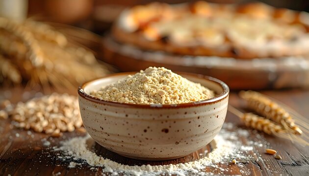 Bowl of Freshly Milled Whole Grain Flour on a Rustic Wooden Table with Wheat Stalks Background