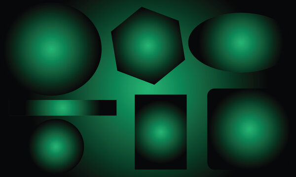 Set of dark green geometric shapes with radial gradient glow effect on a black background Vector, illustration