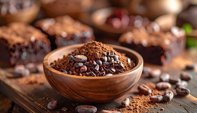 Rustic Bowl Filled with Raw Organic Cocoa Powder and Roasted Cacao Beans for Baking Preparation