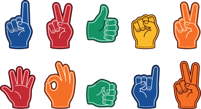 Colorful foam fingers and hand gestures vector illustration collection featuring thumbs up, peace sign, fist, and number one for sports fan cheering layouts.