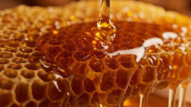 Viscous golden honey dripping onto a natural honeycomb structure, sweet liquid flow, macro view, food ingredient and natural sweetener