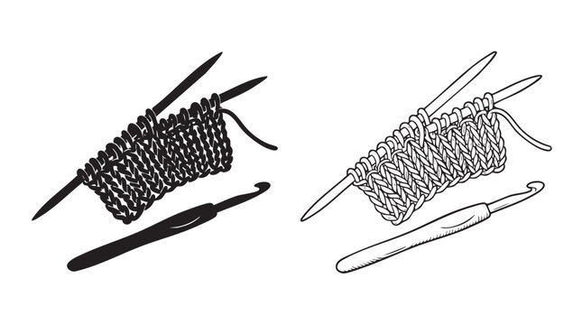 crochet hook silhouette witn line art vector icon for knitting design
