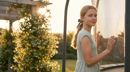 Fototapeta premium Young girl gazing through a screen door in a sunny garden 