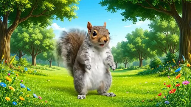 Fluffy gray squirrel standing in a sunny green forest meadow with trees and colorful wildflowers