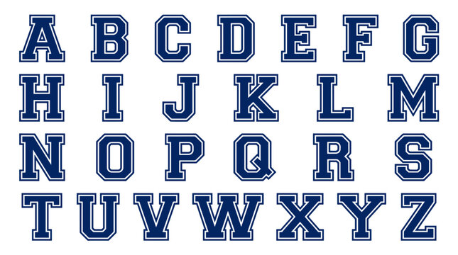 Bold blue letter alphabet in varsity style on white background  