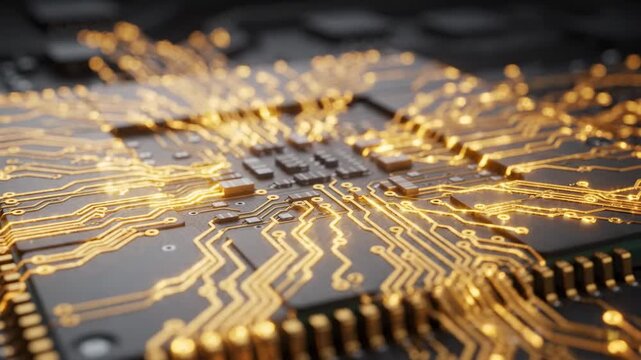 Close-up view of a complex electronic circuit board with glowing orange pathways, representing technology and data flow, ideal for digital innovation themes