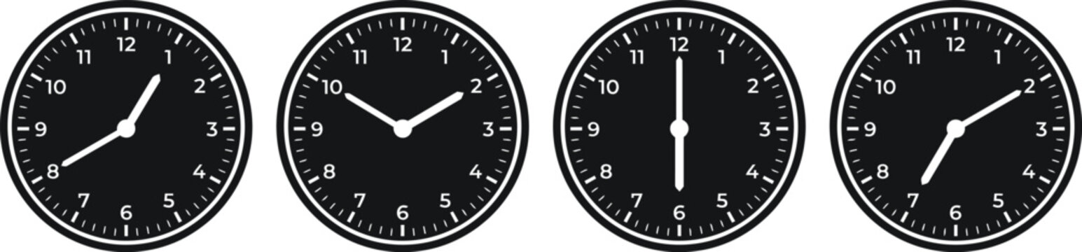Four analog clocks displaying different times on white background